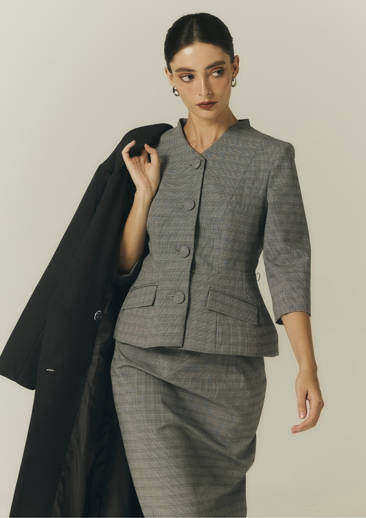 Plaid Collarless Blazer